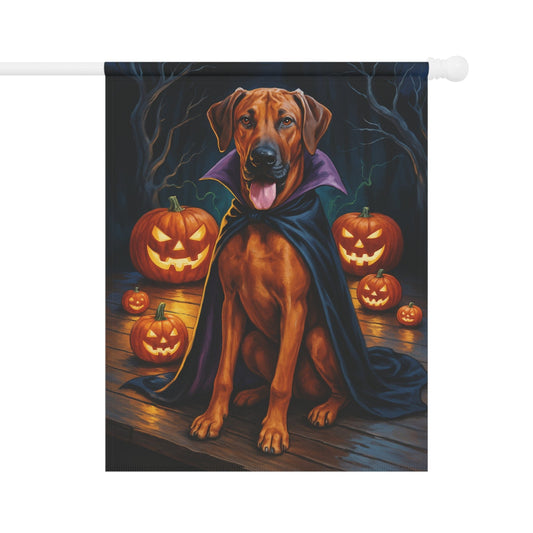 Printify Home Decor 24.5'' × 32'' Halloween Rhodesian Ridgeback Dog Garden Flag, Vampire Pumpkin Yard Banner