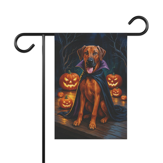 Printify Home Decor 12'' × 18'' Halloween Rhodesian Ridgeback Dog Garden Flag, Vampire Pumpkin Yard Banner