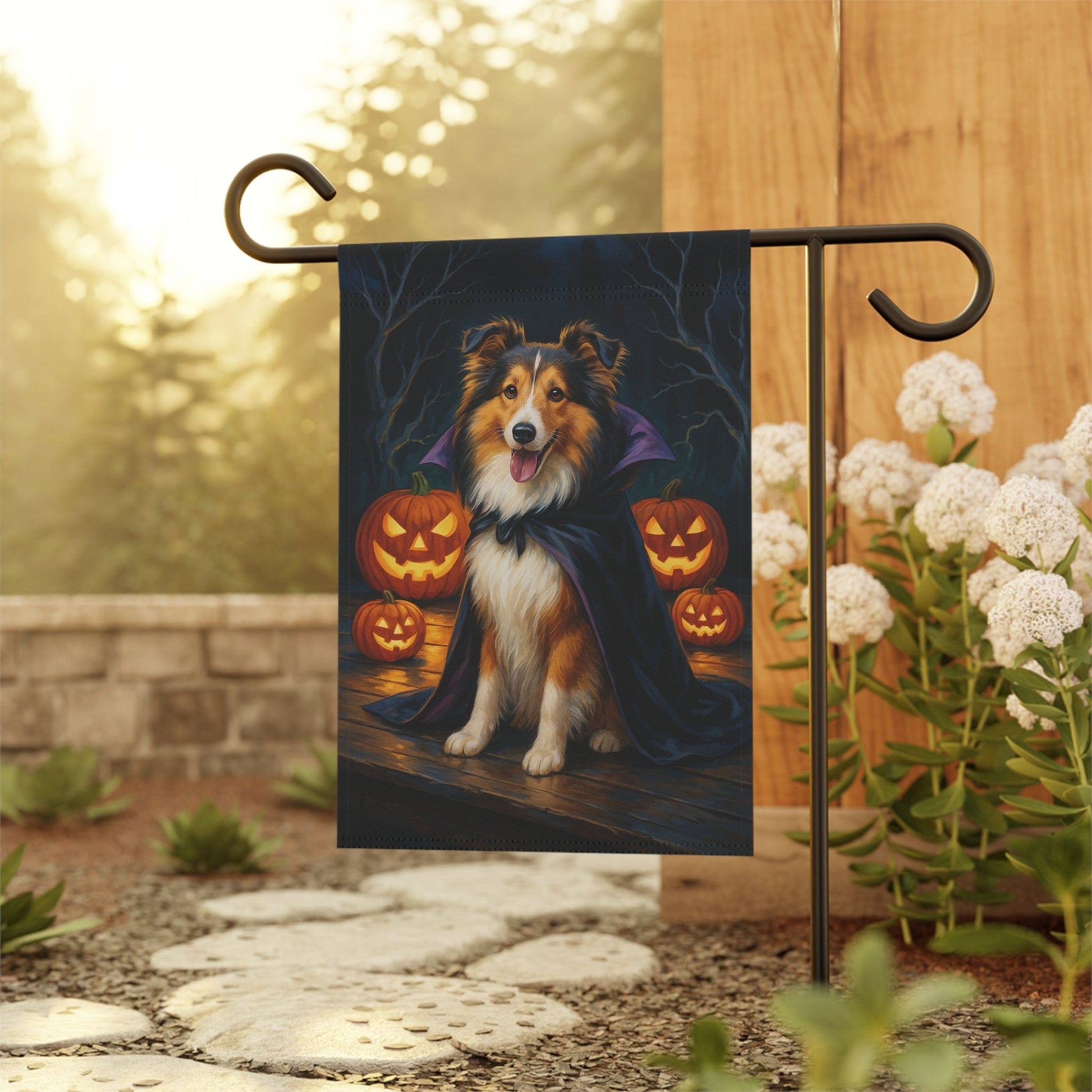 Printify Home Decor Halloween Shetland Sheepdog, Sheltie Dog Garden Flag, Vampire Pumpkin Yard Banner