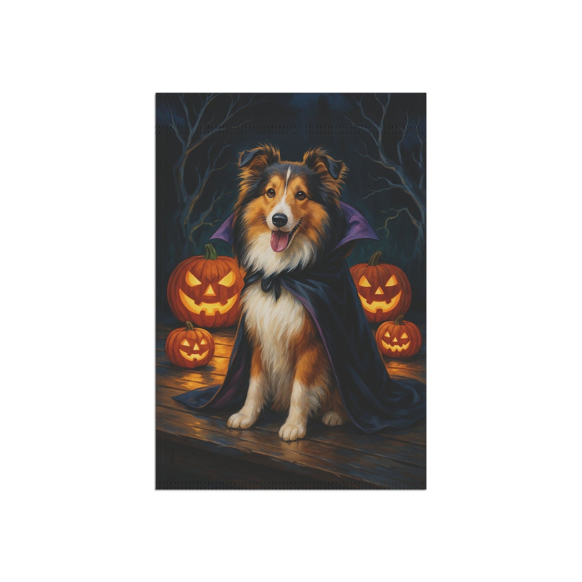 Printify Home Decor Halloween Shetland Sheepdog, Sheltie Dog Garden Flag, Vampire Pumpkin Yard Banner