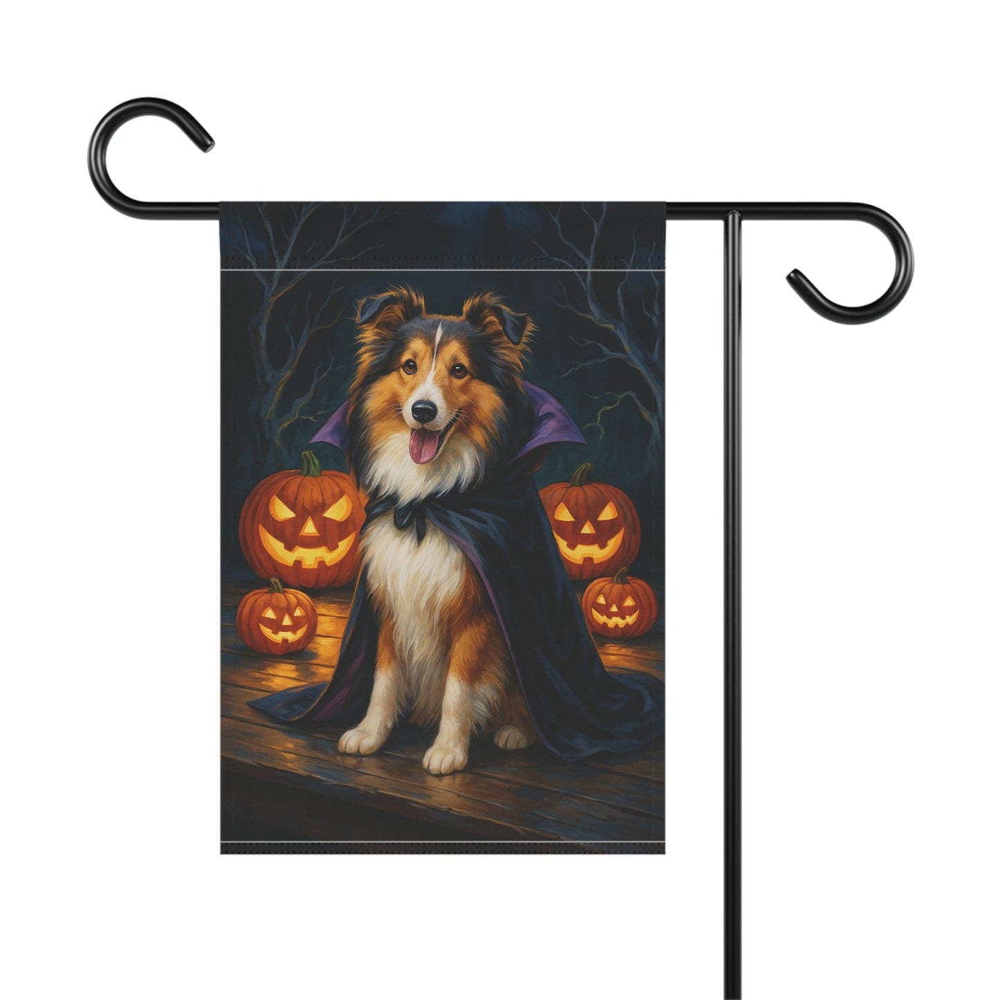 Printify Home Decor Halloween Shetland Sheepdog, Sheltie Dog Garden Flag, Vampire Pumpkin Yard Banner