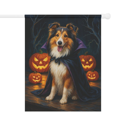 Printify Home Decor 24.5'' × 32'' Halloween Shetland Sheepdog, Sheltie Dog Garden Flag, Vampire Pumpkin Yard Banner