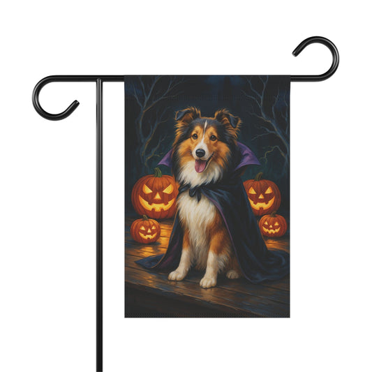 Printify Home Decor 12'' × 18'' Halloween Shetland Sheepdog, Sheltie Dog Garden Flag, Vampire Pumpkin Yard Banner