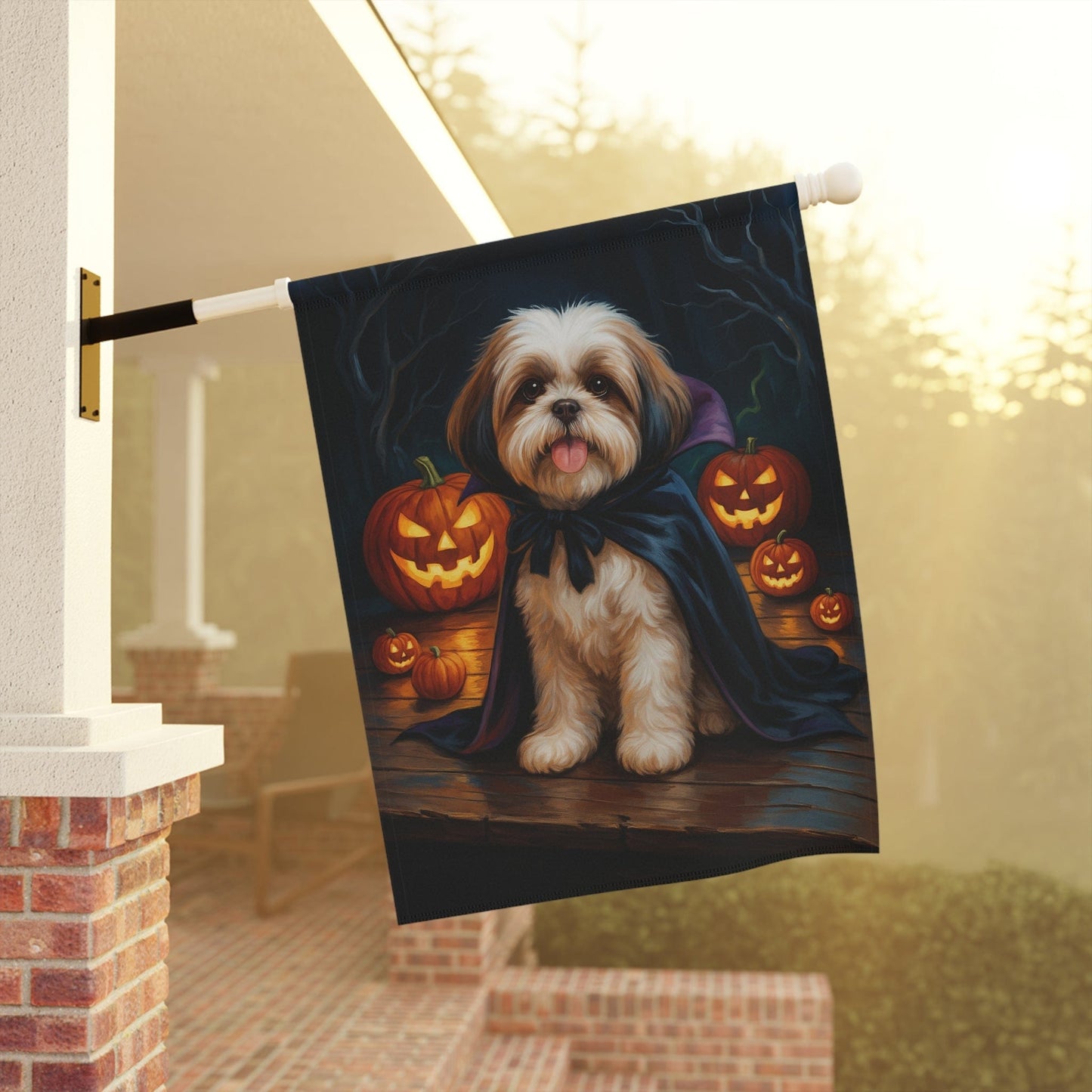Printify Home Decor Halloween Shih Tzu Dog Garden Flag, Vampire Pumpkin Yard Banner, Fall Outdoor Decor