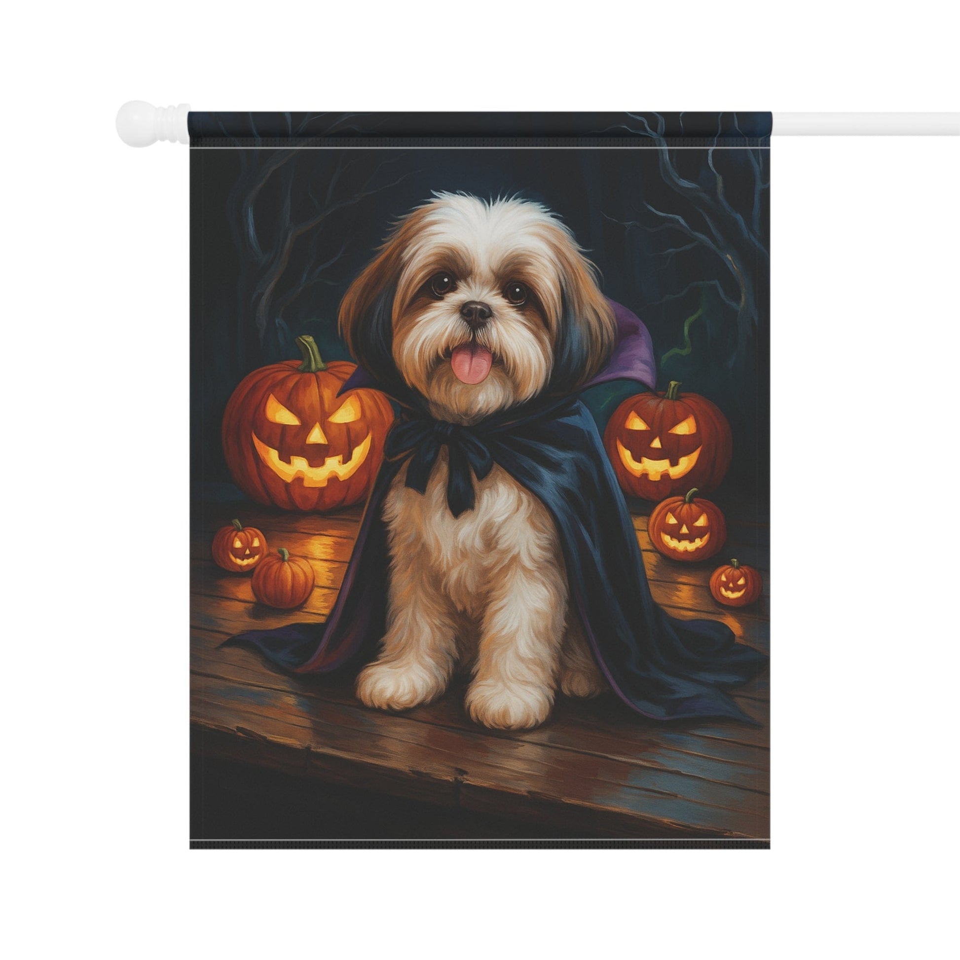 Printify Home Decor Halloween Shih Tzu Dog Garden Flag, Vampire Pumpkin Yard Banner, Fall Outdoor Decor