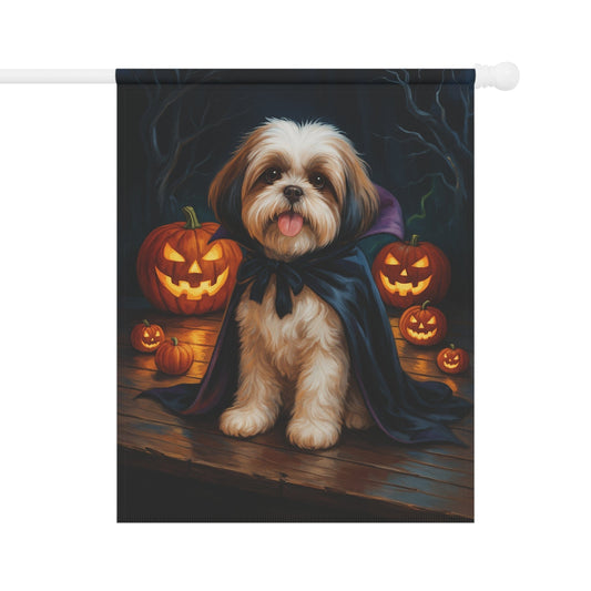 Printify Home Decor 24.5'' × 32'' Halloween Shih Tzu Dog Garden Flag, Vampire Pumpkin Yard Banner, Fall Outdoor Decor