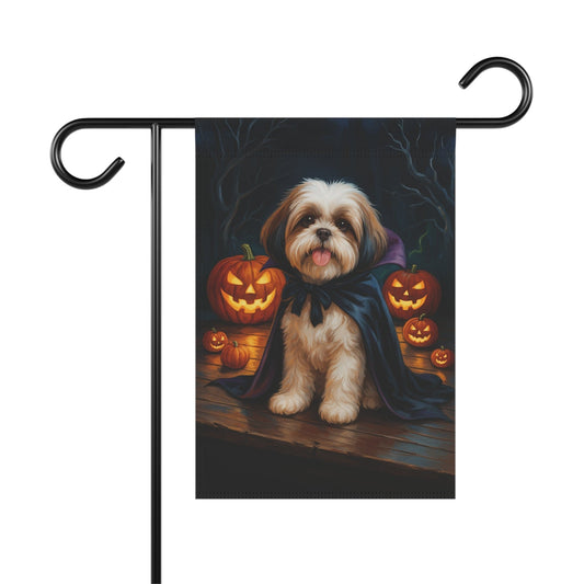 Printify Home Decor 12'' × 18'' Halloween Shih Tzu Dog Garden Flag, Vampire Pumpkin Yard Banner, Fall Outdoor Decor
