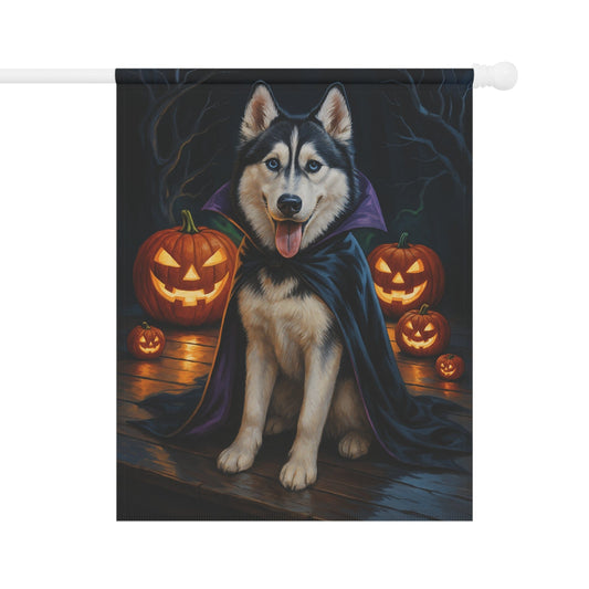 Printify Home Decor 24.5'' × 32'' Halloween Siberian Husky Dog Garden Flag, Vampire Pumpkin Yard Banner, Fall Outdoor