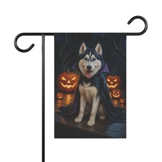 Printify Home Decor 12'' × 18'' Halloween Siberian Husky Dog Garden Flag, Vampire Pumpkin Yard Banner, Fall Outdoor