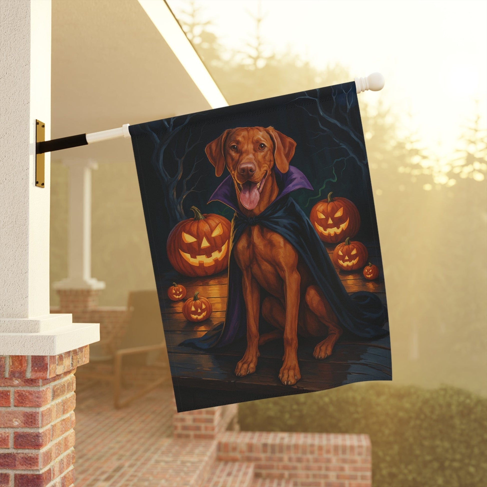 Printify Home Decor Halloween Vizsla Dog Garden Flag – Vampire Pumpkin Yard Banner, Fall Outdoor Decor