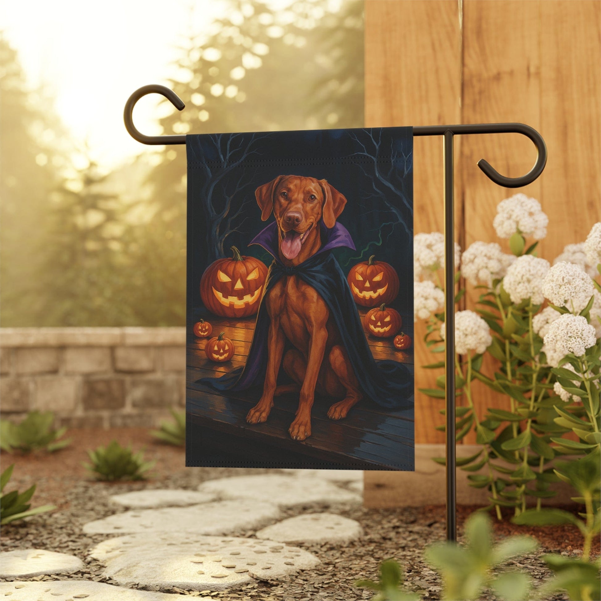 Printify Home Decor Halloween Vizsla Dog Garden Flag – Vampire Pumpkin Yard Banner, Fall Outdoor Decor