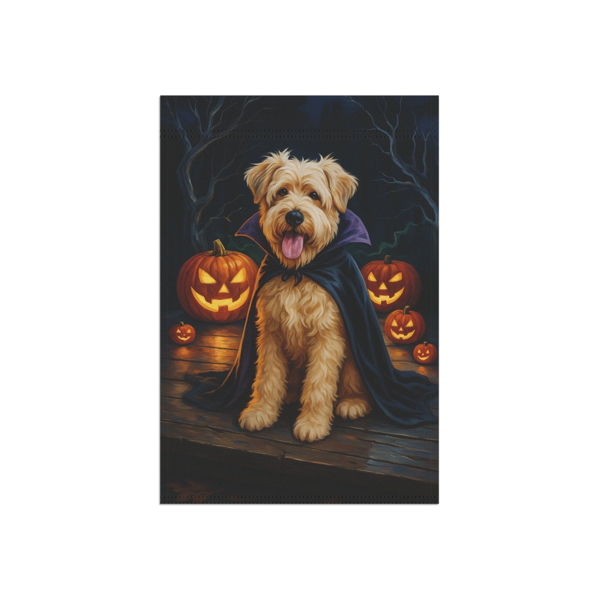 Printify Home Decor Halloween Wheaten Dog Garden Flag – Vampire Pumpkin Yard Banner, Fall Outdoor Decor