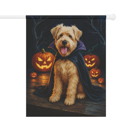 Printify Home Decor 24.5'' × 32'' Halloween Wheaten Dog Garden Flag – Vampire Pumpkin Yard Banner, Fall Outdoor Decor