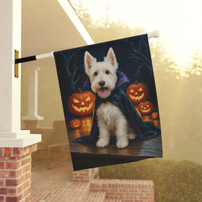 Printify Home Decor Halloween White Scottish Terrier Dog Garden Flag, Vampire Pumpkin Yard Banner