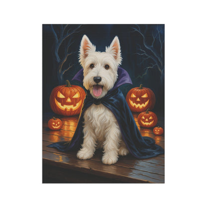 Printify Home Decor Halloween White Scottish Terrier Dog Garden Flag, Vampire Pumpkin Yard Banner