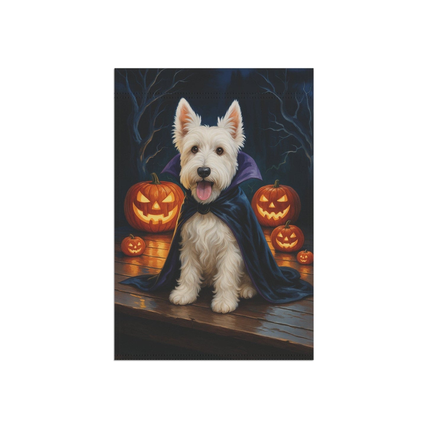 Printify Home Decor Halloween White Scottish Terrier Dog Garden Flag, Vampire Pumpkin Yard Banner
