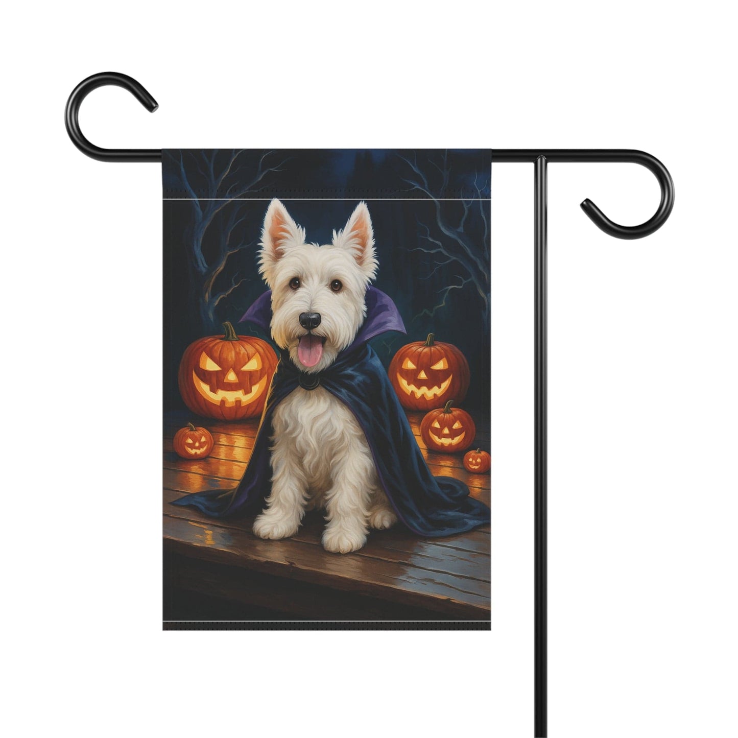 Printify Home Decor Halloween White Scottish Terrier Dog Garden Flag, Vampire Pumpkin Yard Banner
