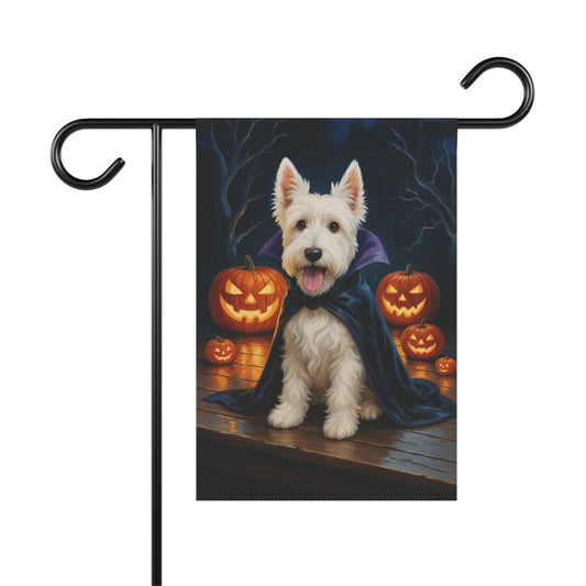 Printify Home Decor 12'' × 18'' Halloween White Scottish Terrier Dog Garden Flag, Vampire Pumpkin Yard Banner