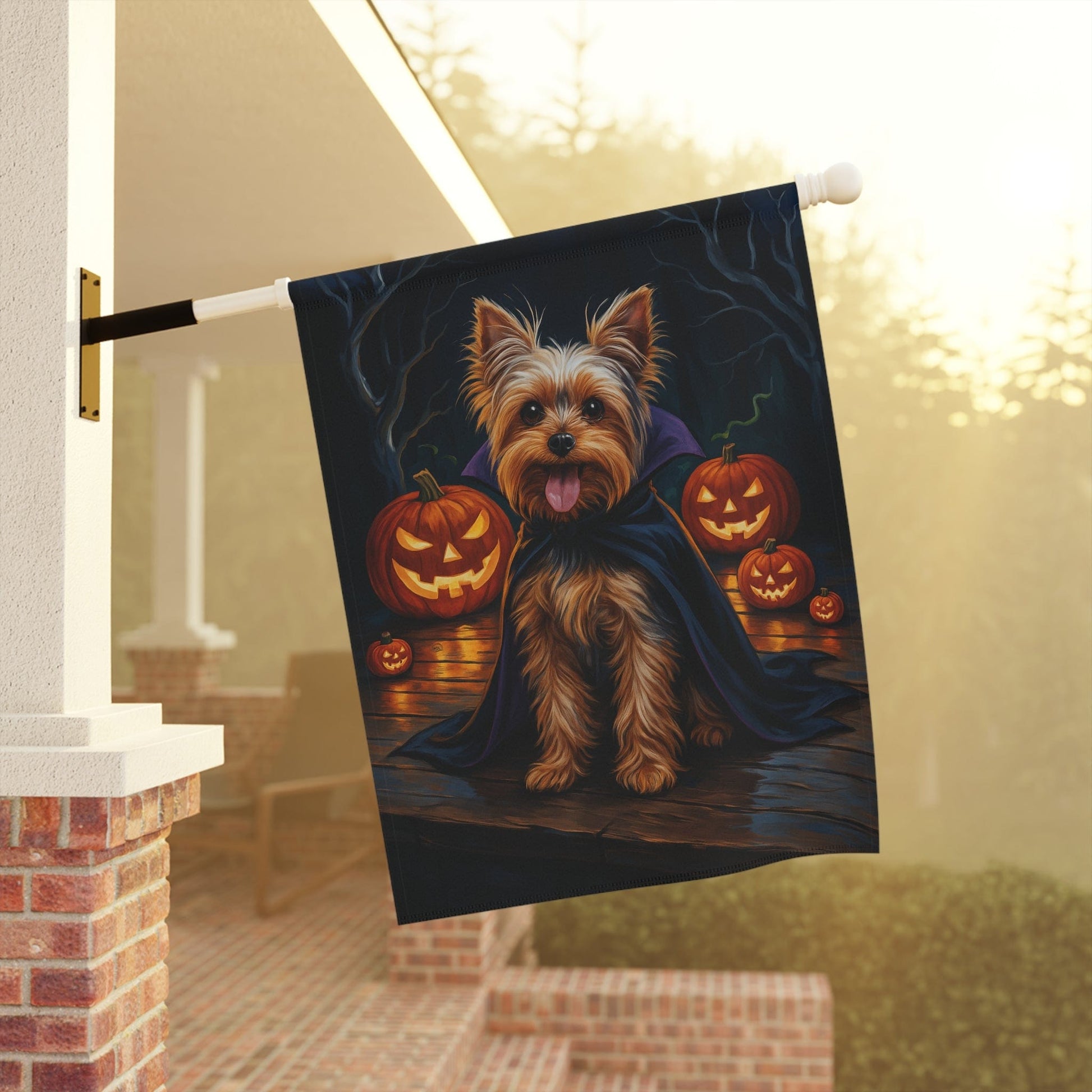 Printify Home Decor Halloween Yorkshire Terrier Dog Garden Flag, Yorkie Vampire Pumpkin Yard Banner, Fall