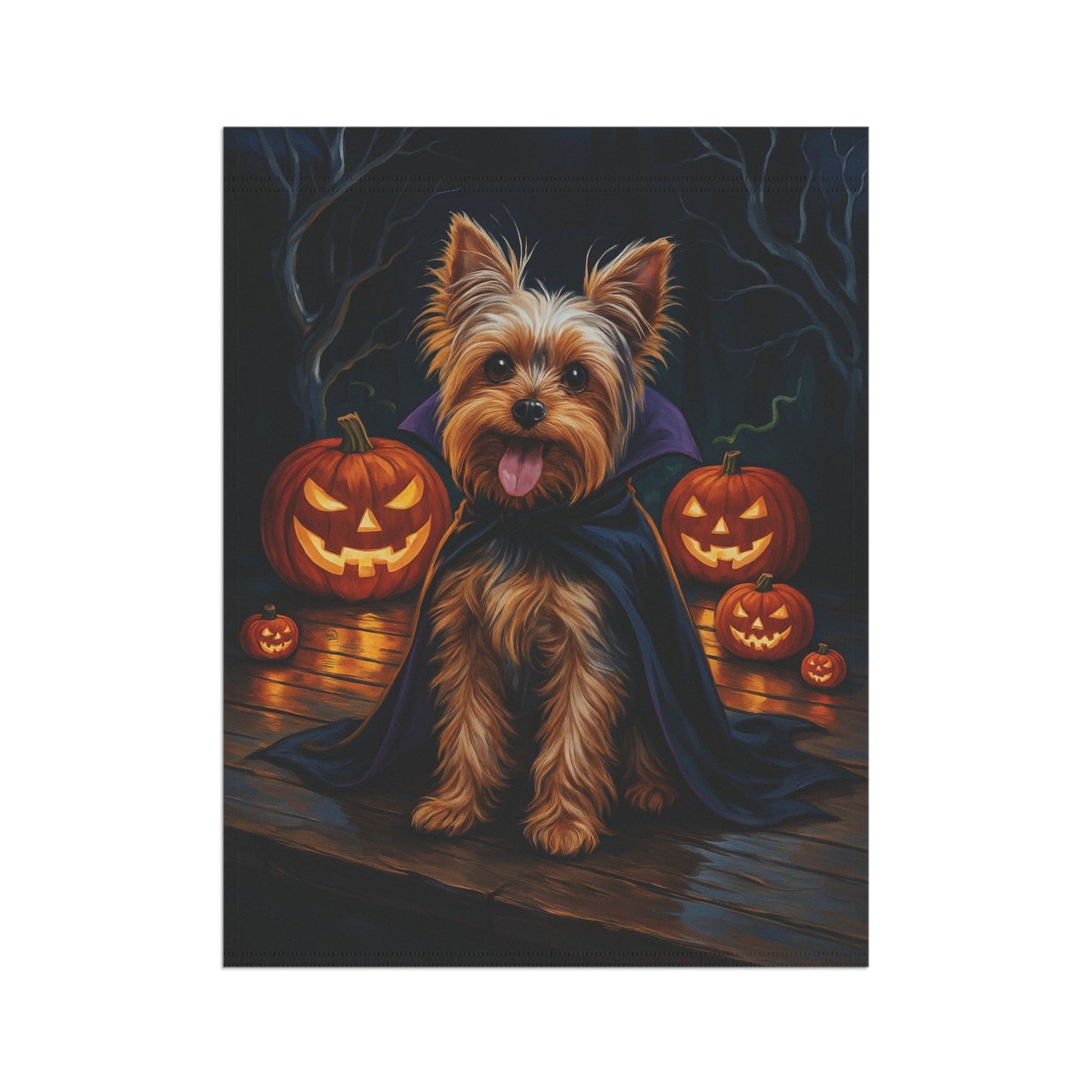Printify Home Decor Halloween Yorkshire Terrier Dog Garden Flag, Yorkie Vampire Pumpkin Yard Banner, Fall