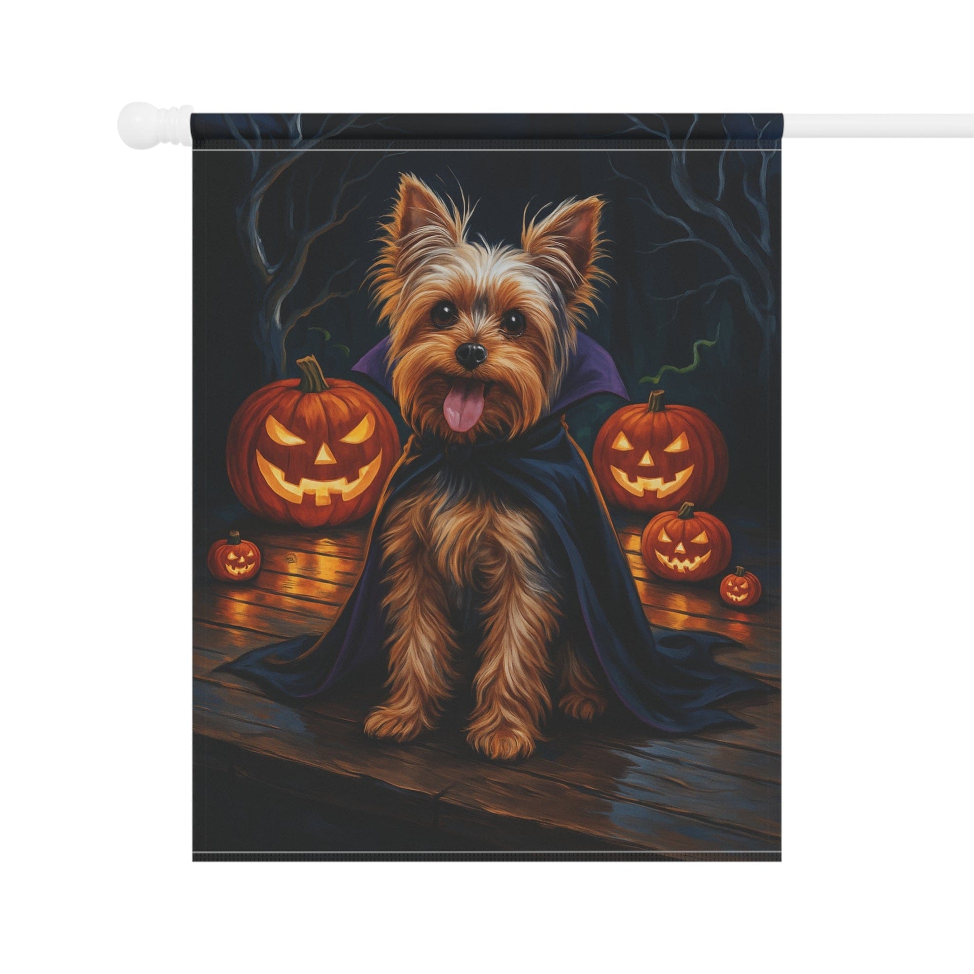 Printify Home Decor Halloween Yorkshire Terrier Dog Garden Flag, Yorkie Vampire Pumpkin Yard Banner, Fall
