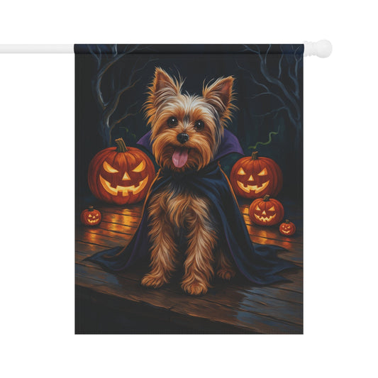 Printify Home Decor 24.5'' × 32'' Halloween Yorkshire Terrier Dog Garden Flag, Yorkie Vampire Pumpkin Yard Banner, Fall