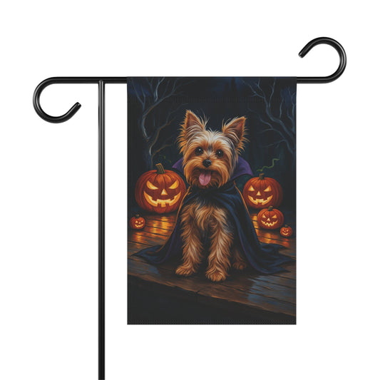 Printify Home Decor 12'' × 18'' Halloween Yorkshire Terrier Dog Garden Flag, Yorkie Vampire Pumpkin Yard Banner, Fall