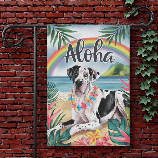 Printify Garden Flag 12'' × 18'' Harlequin Great Dane Aloha Garden Flag