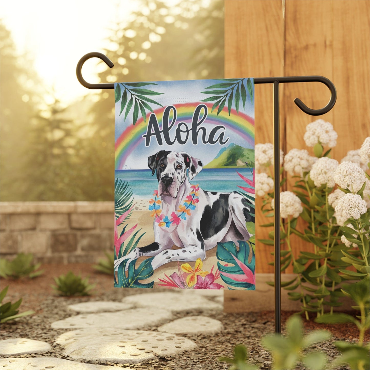 Printify Garden Flag Harlequin Great Dane Aloha Garden Flag