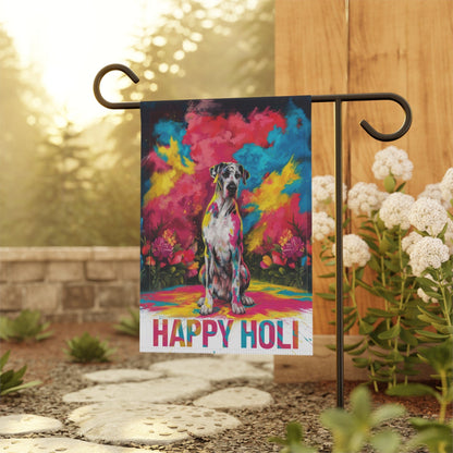 Printify Home Decor Harlequin Great Dane Holi Garden Flag, Indian Spring Festival, Dog Lovers, Yard Outside Decor