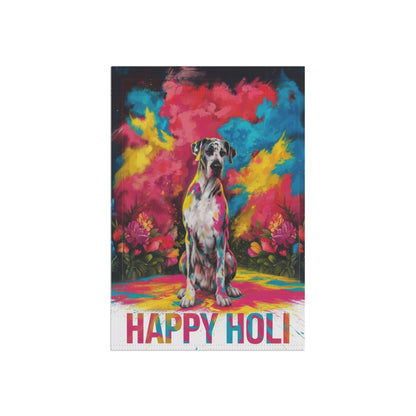 Printify Home Decor Harlequin Great Dane Holi Garden Flag, Indian Spring Festival, Dog Lovers, Yard Outside Decor