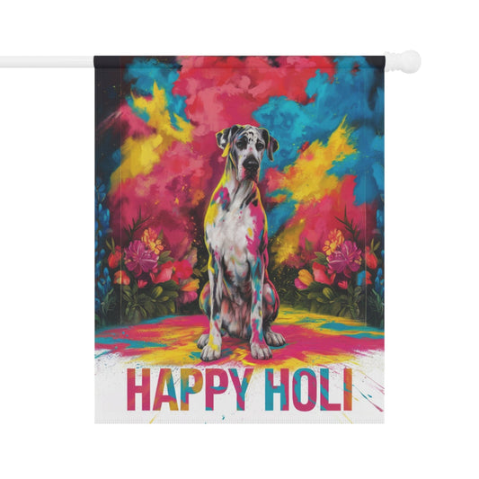 Printify Home Decor 24.5'' × 32'' Harlequin Great Dane Holi Garden Flag, Indian Spring Festival, Dog Lovers, Yard Outside Decor