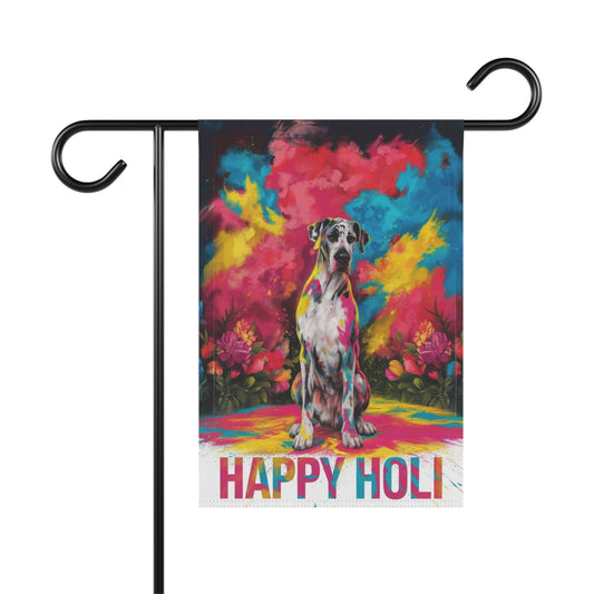 Printify Home Decor 12'' × 18'' Harlequin Great Dane Holi Garden Flag, Indian Spring Festival, Dog Lovers, Yard Outside Decor