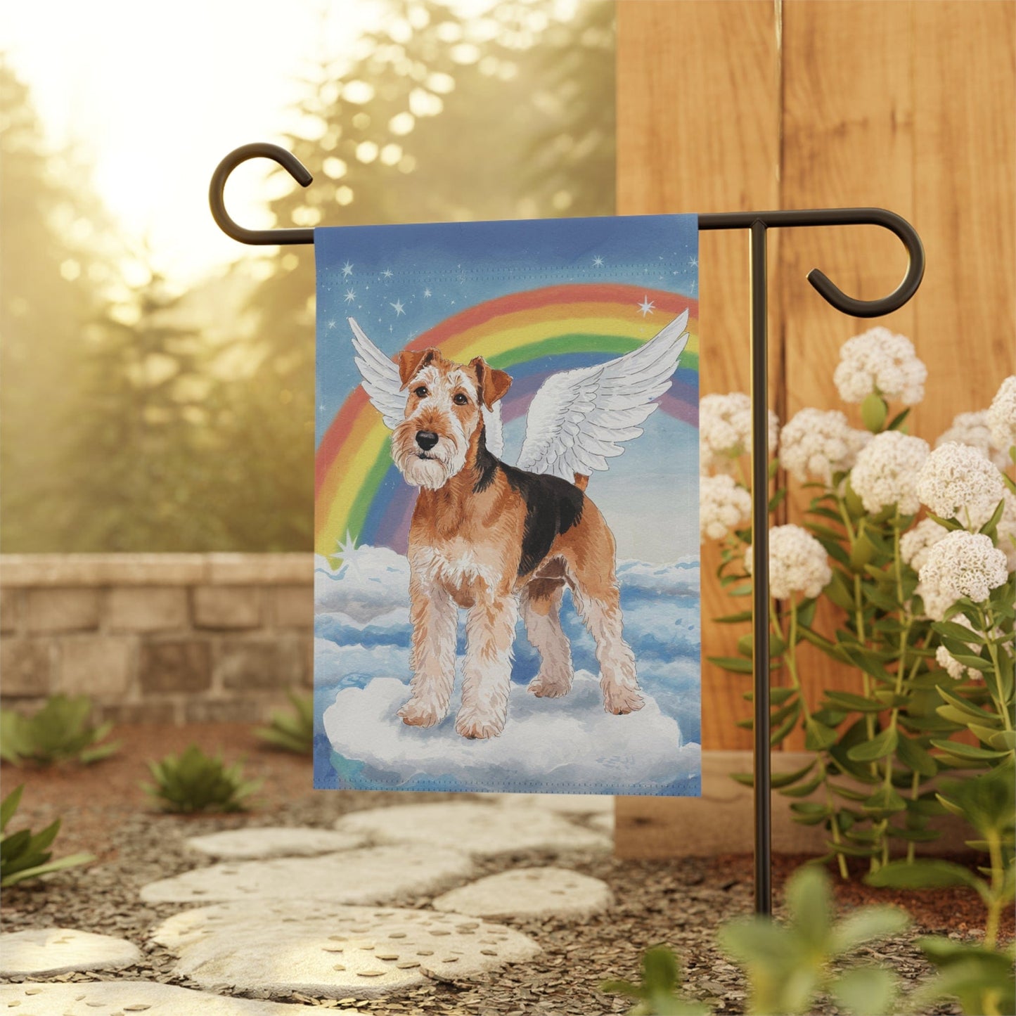 Printify Home Decor Heavenly Airedale Terrier, Rainbow Pet Memorial Garden Flag, Front Yard Spring Decor, Housewarming Gardener Gift