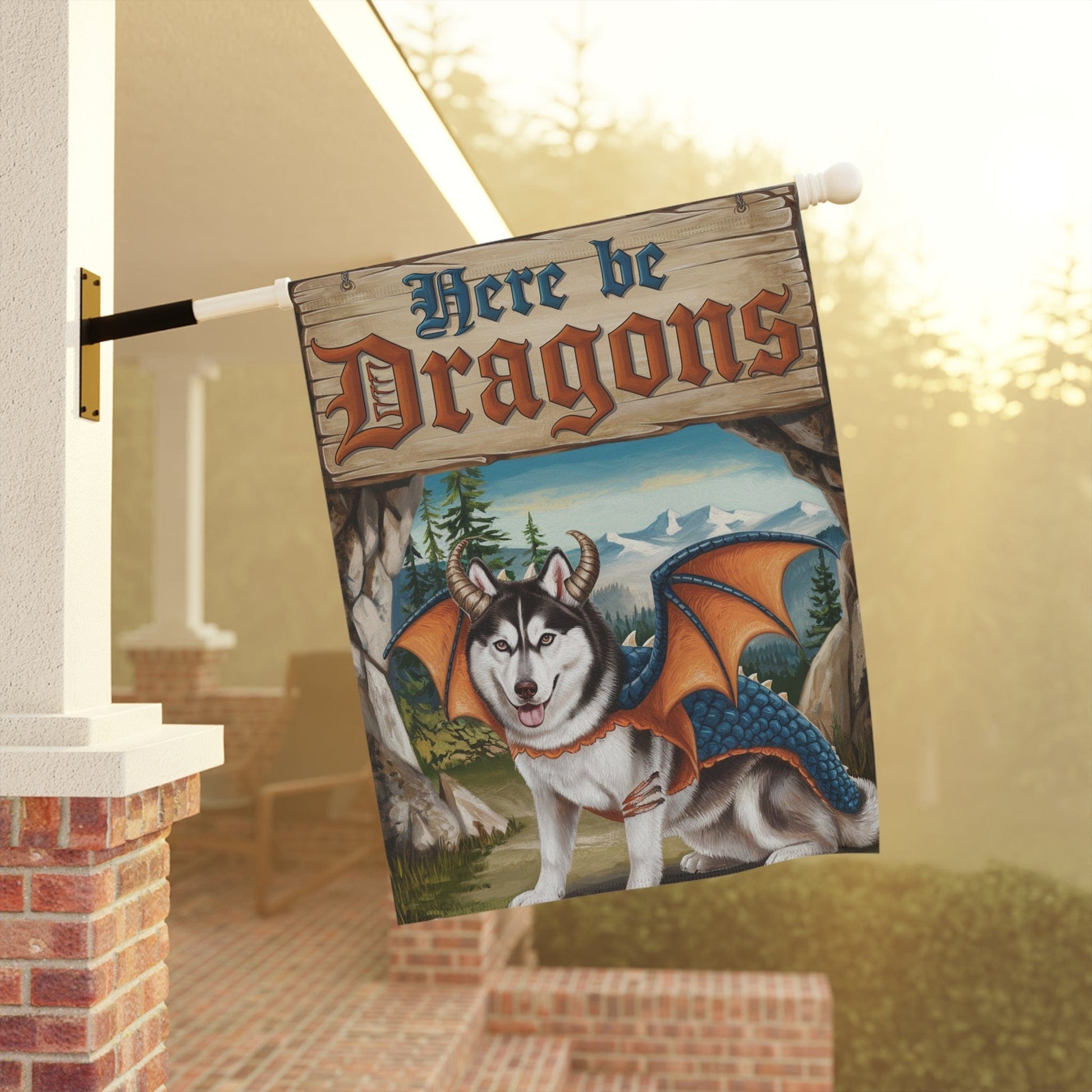 Printify Home Decor Husky Dog Dragon Garden Flag, Fantasy Pet Adventure, Yard Spring Decor, Housewarming Halloween