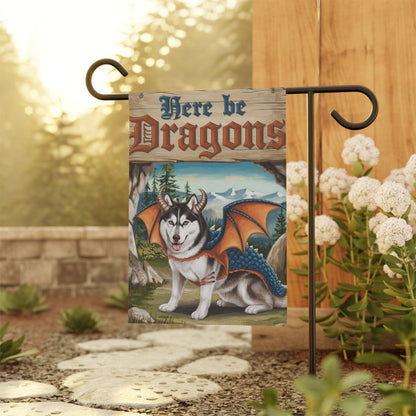 Printify Home Decor Husky Dog Dragon Garden Flag, Fantasy Pet Adventure, Yard Spring Decor, Housewarming Halloween