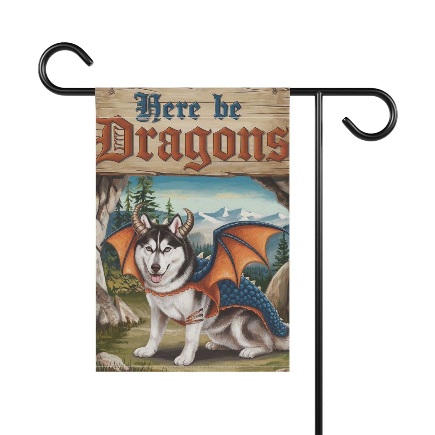 Printify Home Decor Husky Dog Dragon Garden Flag, Fantasy Pet Adventure, Yard Spring Decor, Housewarming Halloween
