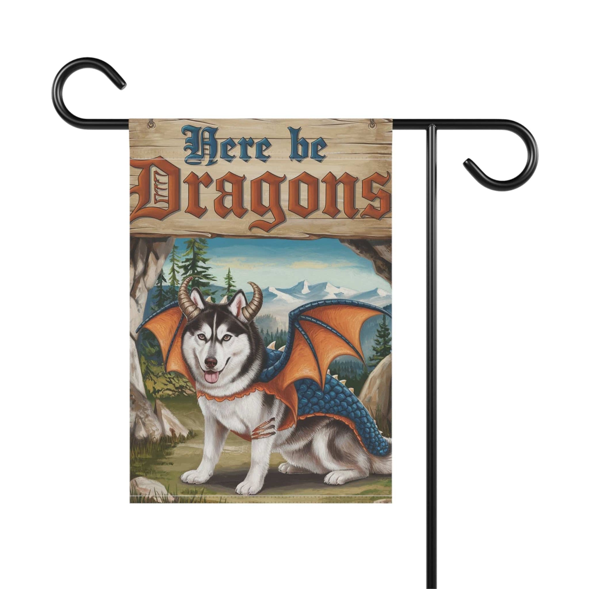 Printify Home Decor Husky Dog Dragon Garden Flag, Fantasy Pet Adventure, Yard Spring Decor, Housewarming Halloween