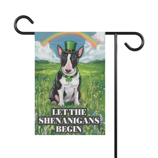 Irish Black Bull Terrier Garden Flag, St Patricks Day Funny Dog Lovers Yard Outside Decor