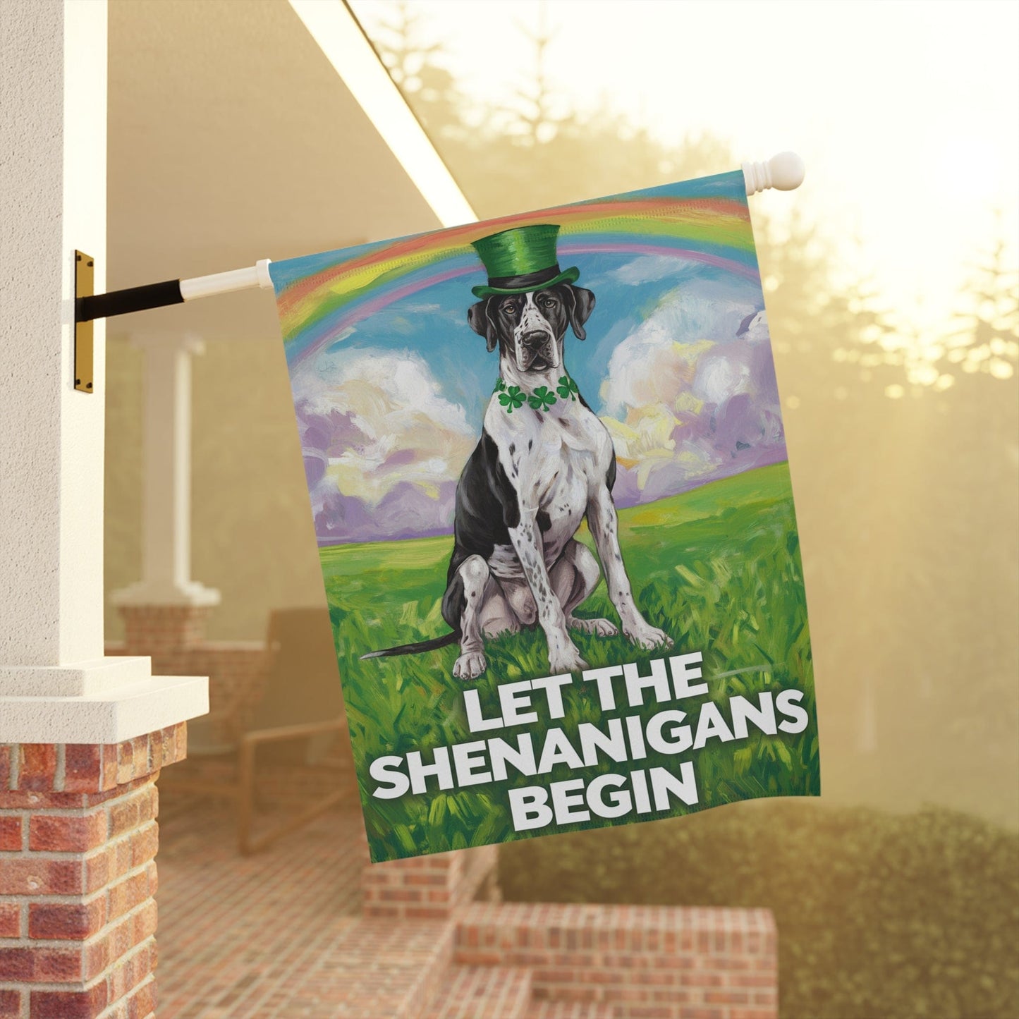 Printify Home Decor Irish Harlequin Great Dane St. Patrick's Day Lawn Flag, Rainbow Holiday Dog Garden Flag