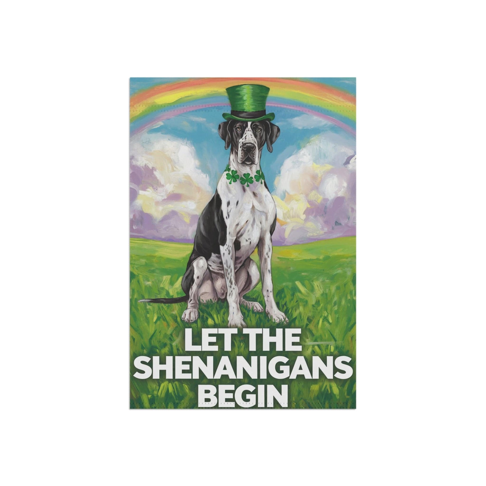 Printify Home Decor Irish Harlequin Great Dane St. Patrick's Day Lawn Flag, Rainbow Holiday Dog Garden Flag