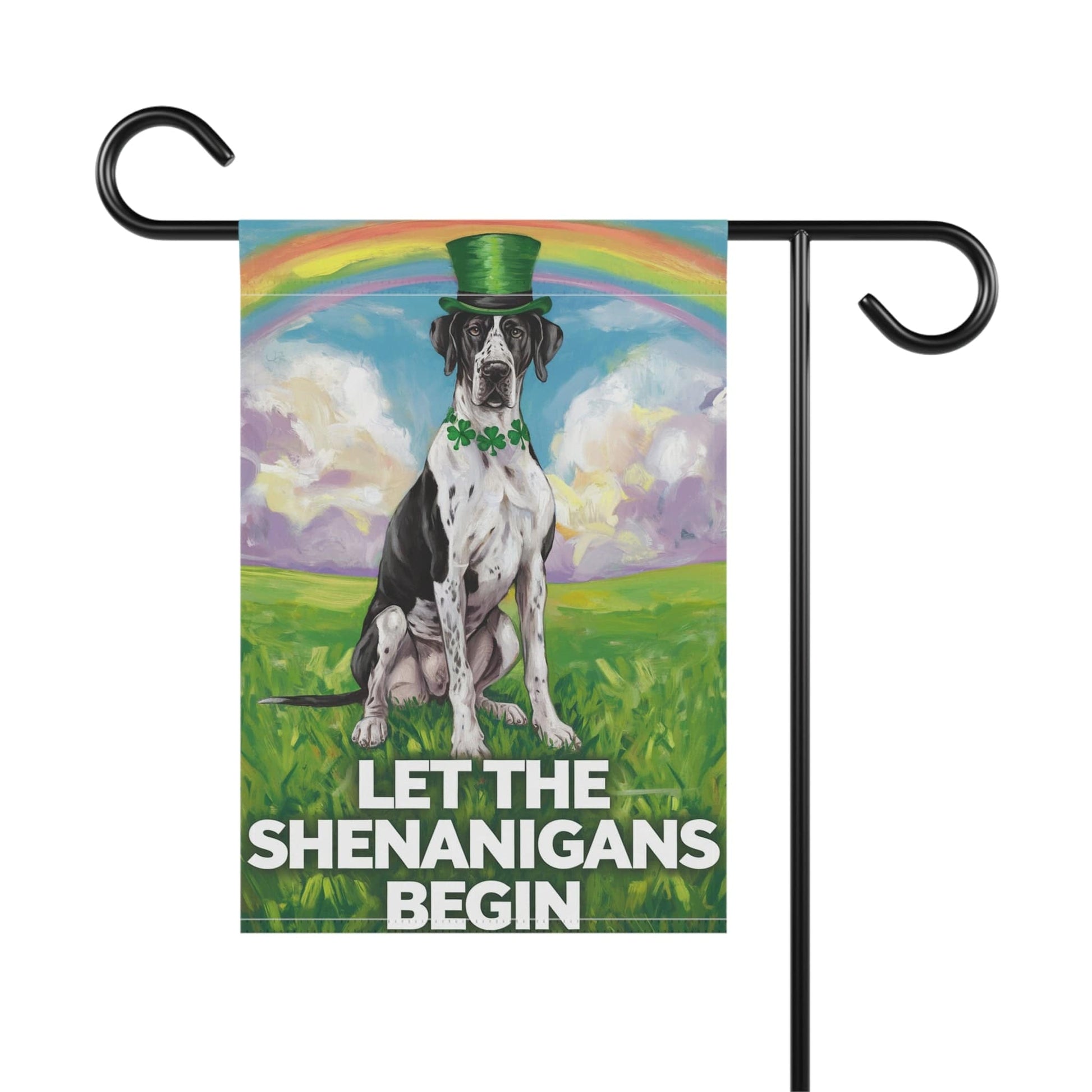 Printify Home Decor Irish Harlequin Great Dane St. Patrick's Day Lawn Flag, Rainbow Holiday Dog Garden Flag