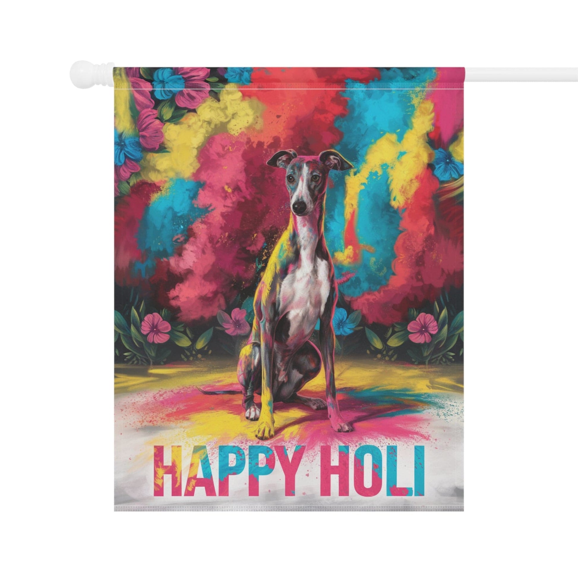 Printify Home Decor Italian Greyhound Holi Garden Flag, Indian Spring Festival, Dog Lover Yard Outside Decor