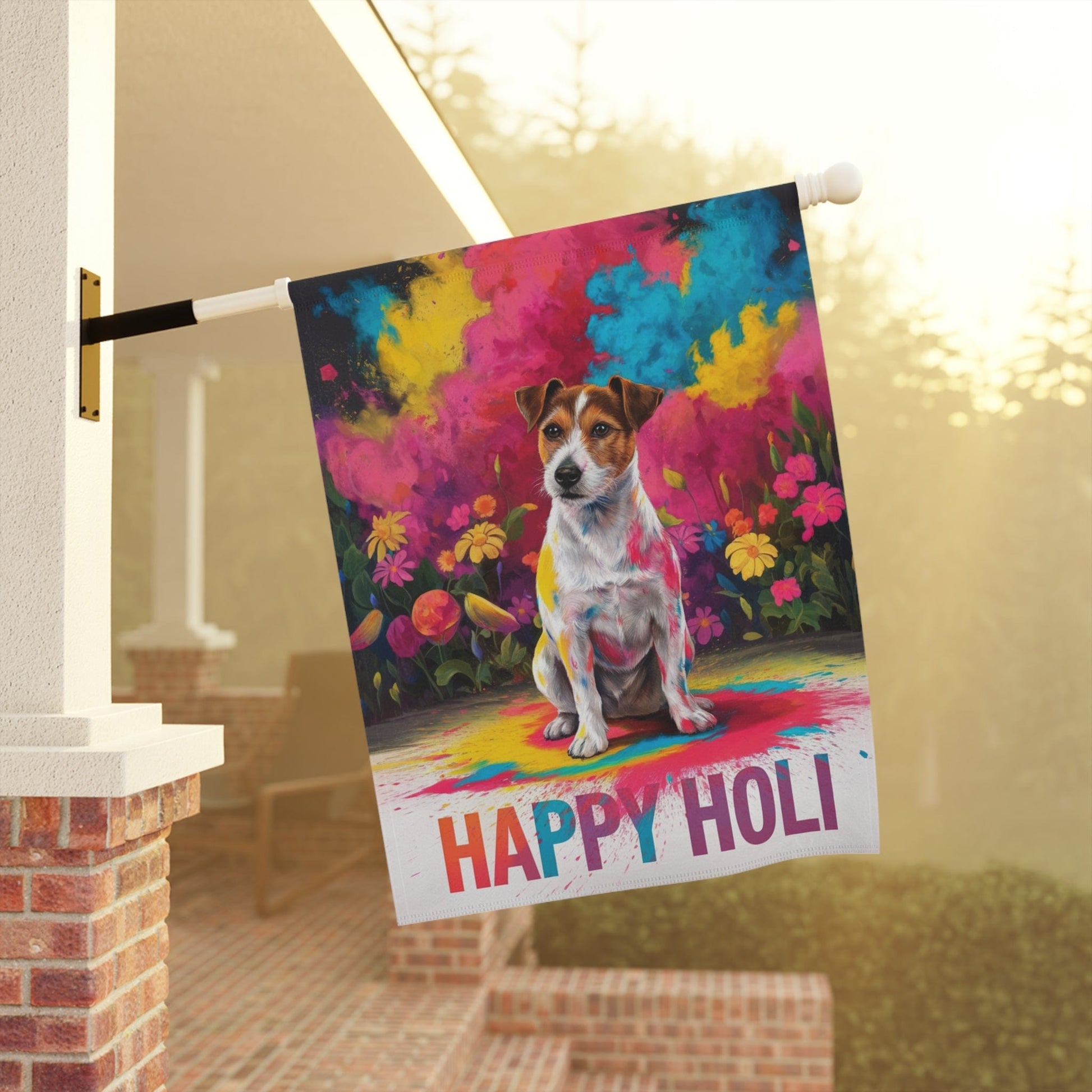 Printify Home Decor Jack Russell Terrier Holi Festival Garden Flag, Indian Spring Festival, Dog Lovers