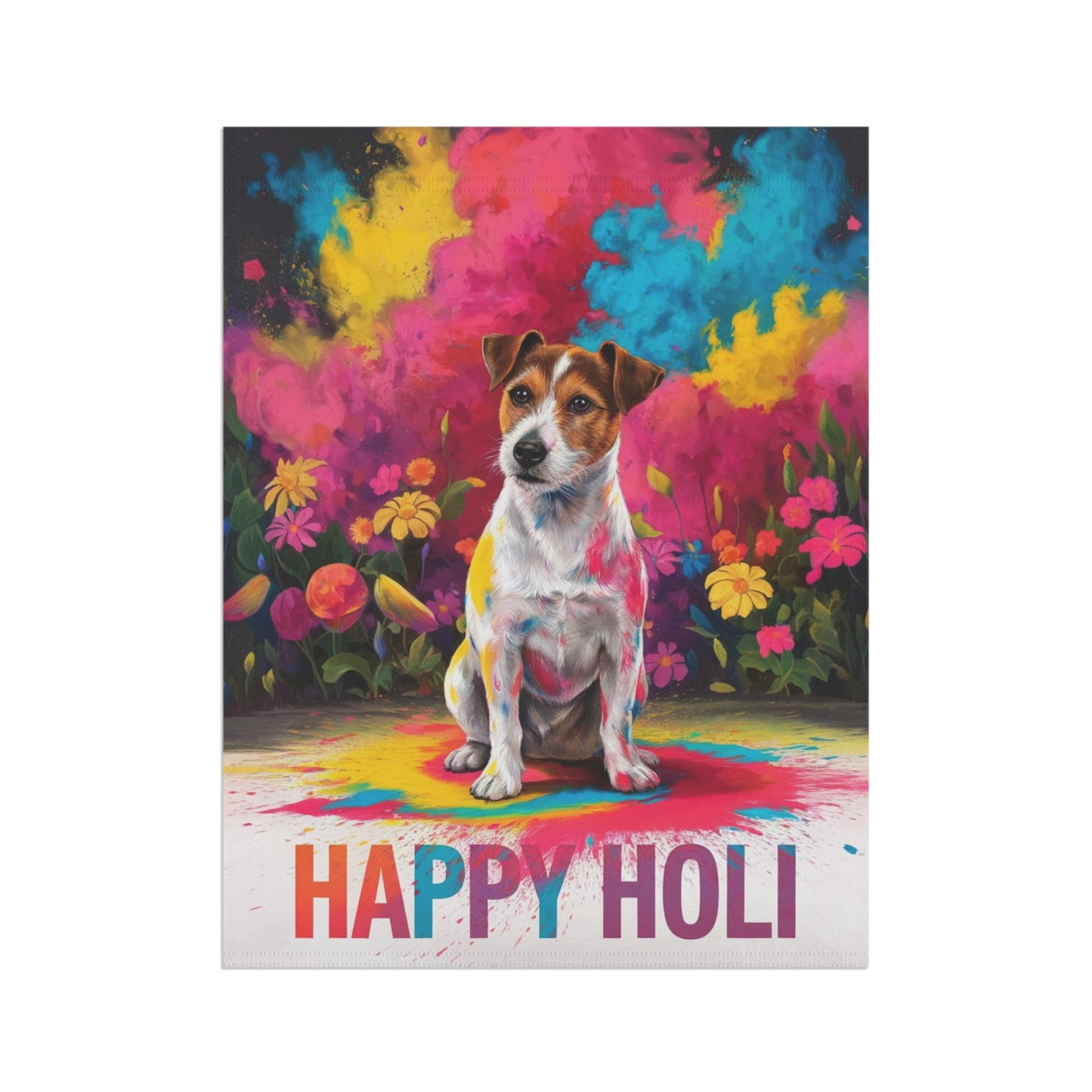Printify Home Decor Jack Russell Terrier Holi Festival Garden Flag, Indian Spring Festival, Dog Lovers