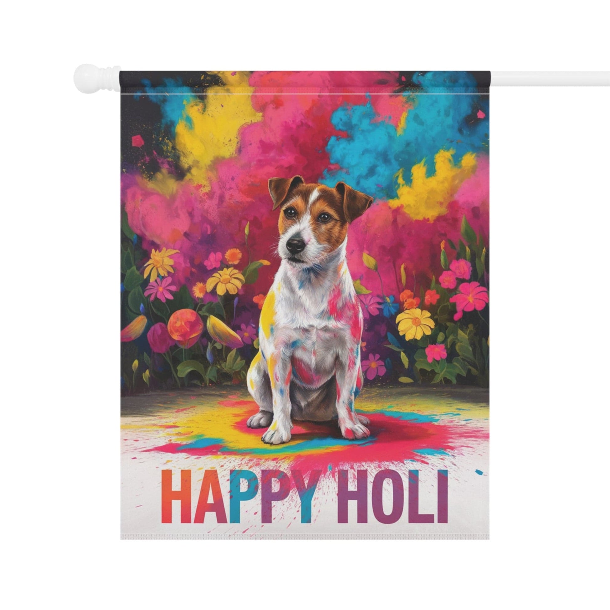 Printify Home Decor Jack Russell Terrier Holi Festival Garden Flag, Indian Spring Festival, Dog Lovers