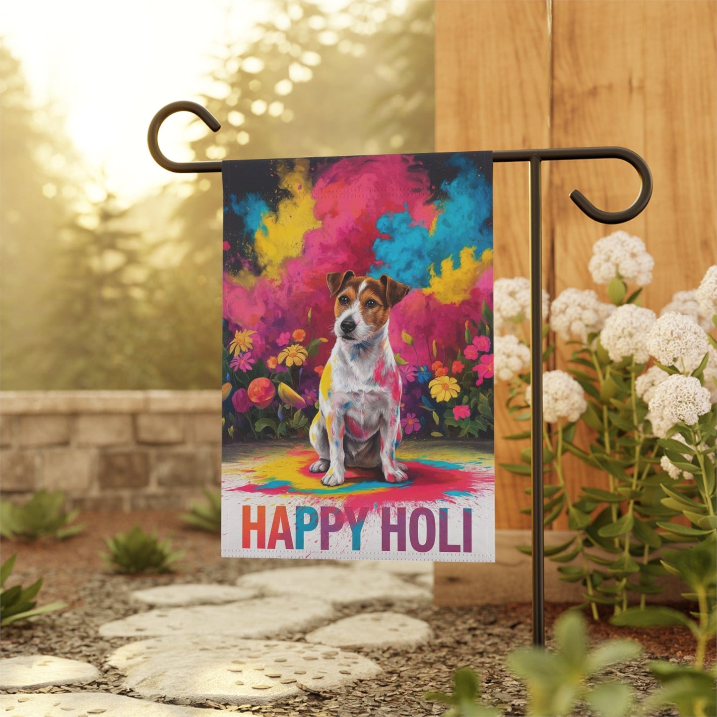 Printify Home Decor Jack Russell Terrier Holi Festival Garden Flag, Indian Spring Festival, Dog Lovers