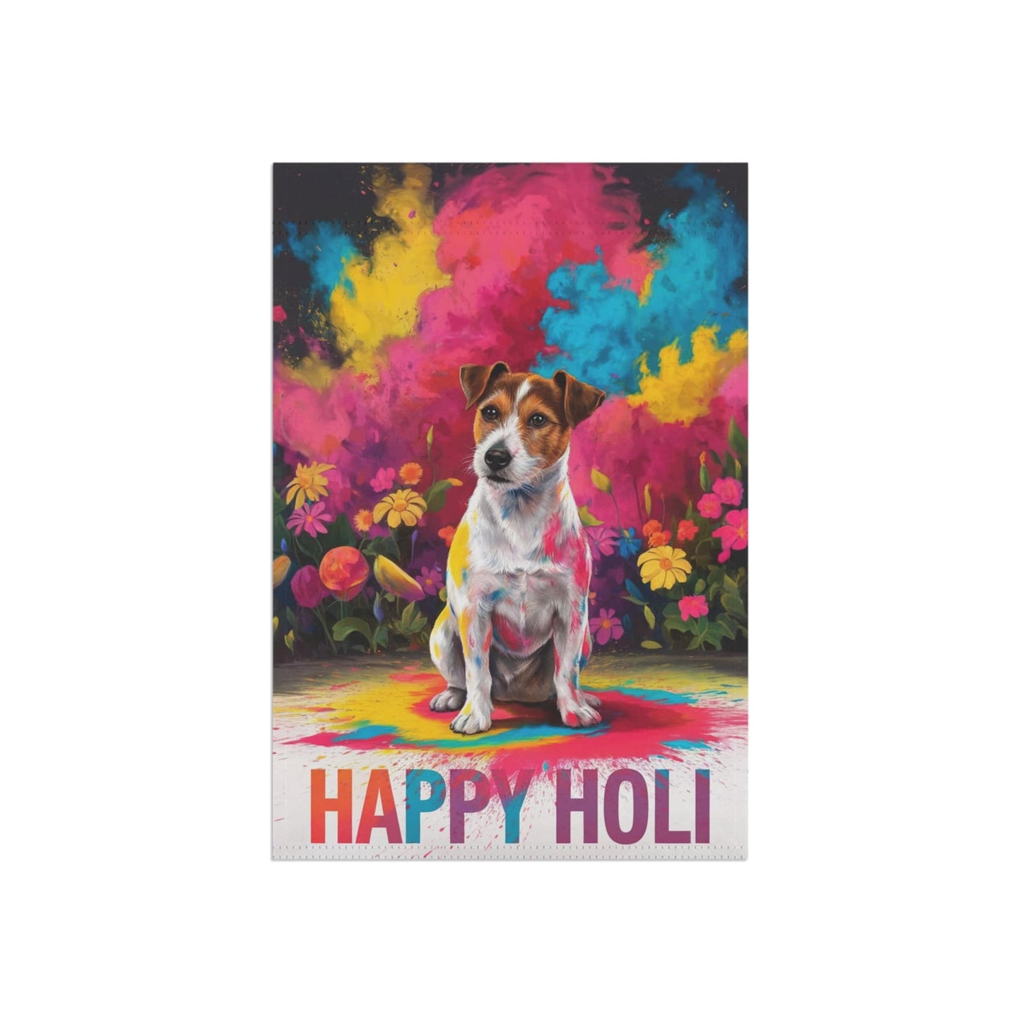 Printify Home Decor Jack Russell Terrier Holi Festival Garden Flag, Indian Spring Festival, Dog Lovers