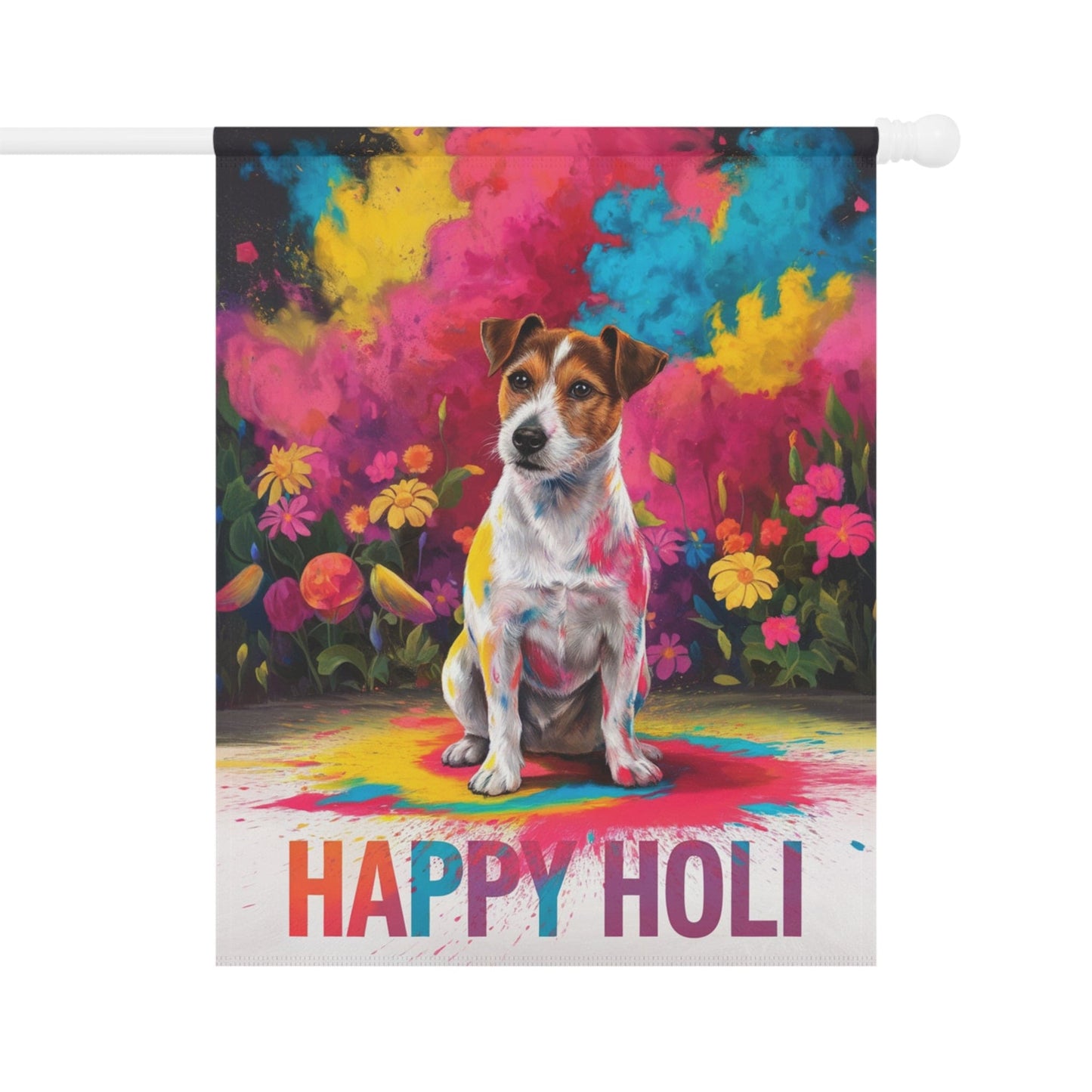 Printify Home Decor 24.5'' × 32'' Jack Russell Terrier Holi Festival Garden Flag, Indian Spring Festival, Dog Lovers