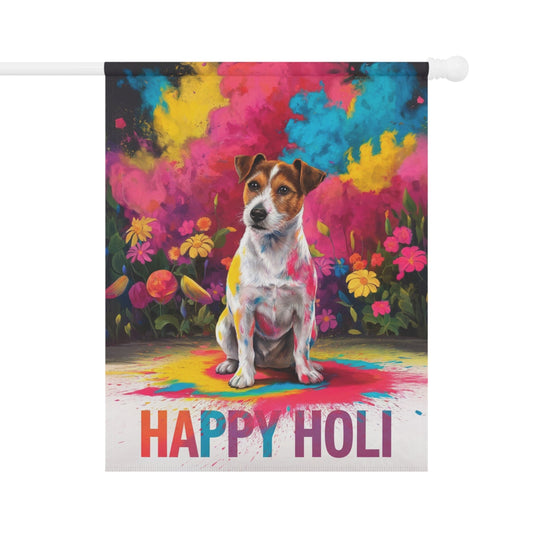 Printify Home Decor 24.5'' × 32'' Jack Russell Terrier Holi Festival Garden Flag, Indian Spring Festival, Dog Lovers